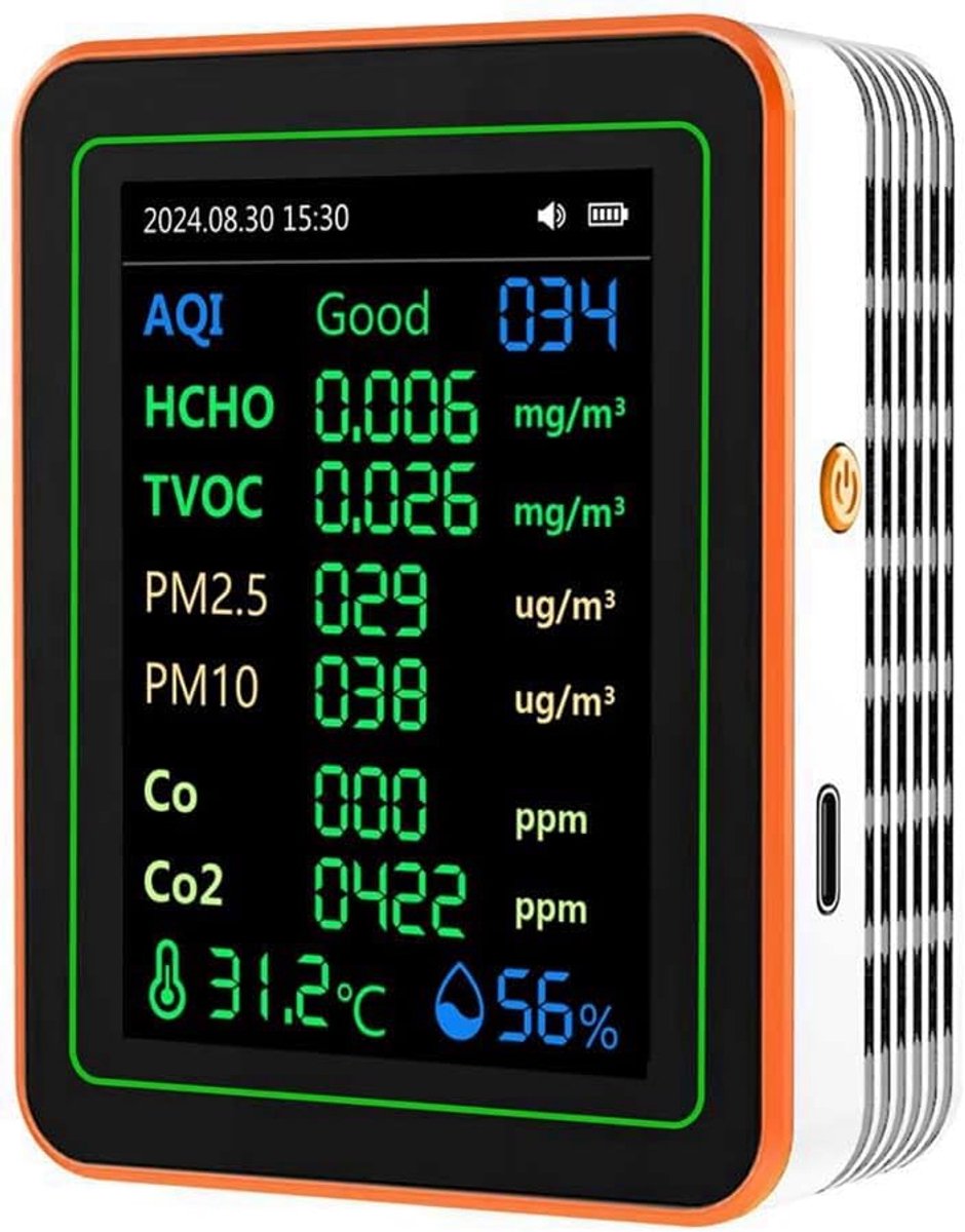 Luchtkwaliteit Monitor - Partikelmeter CO Detector - Binnen Lucht Meten - 12 Functies Alarm - TFT Kleurenscherm - Wit