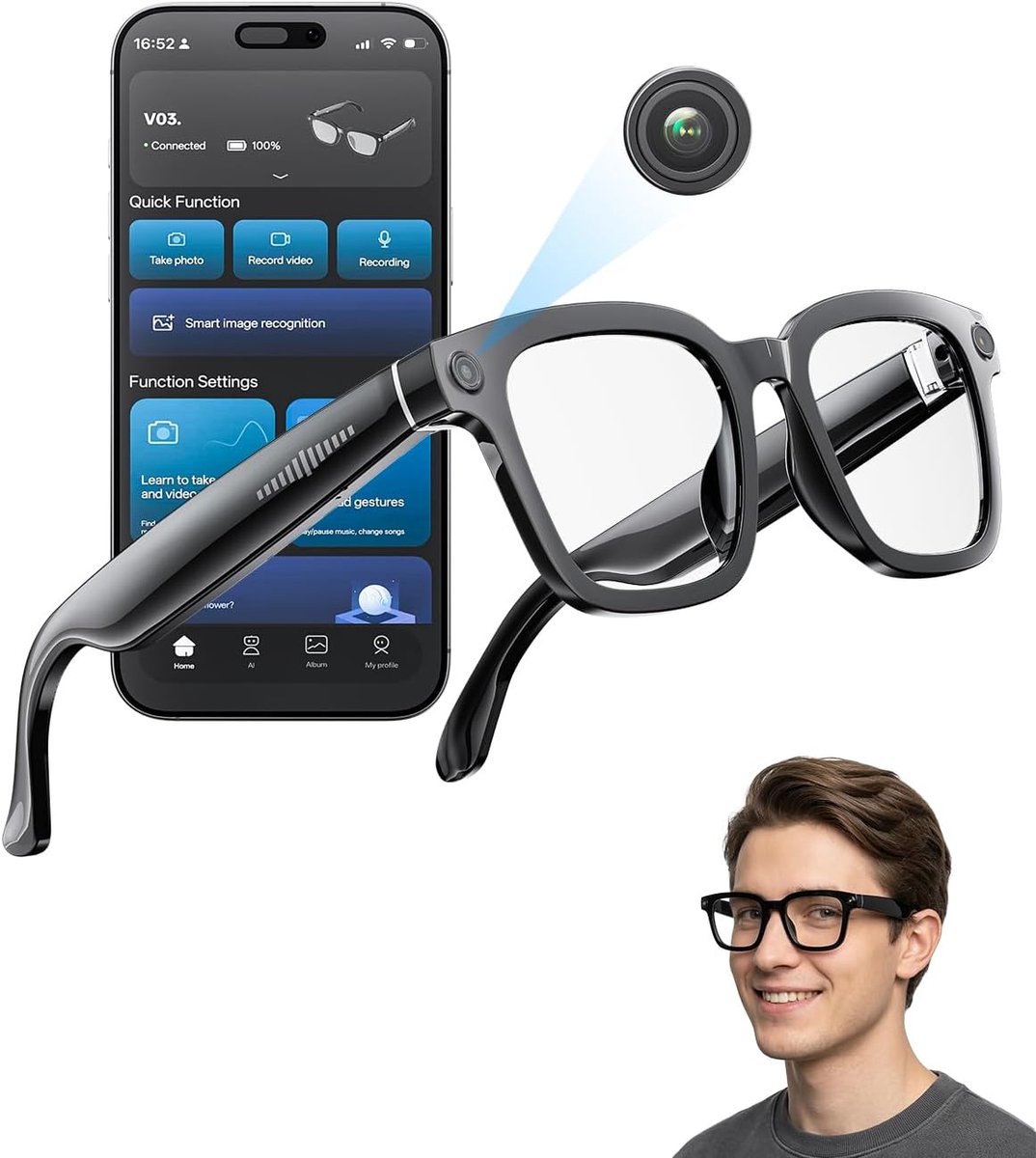 Slimme Camera Bril - Video Bril Opname - Outdoor Activiteiten - AI Object Herkenning - HD 1080P Video - Zwart