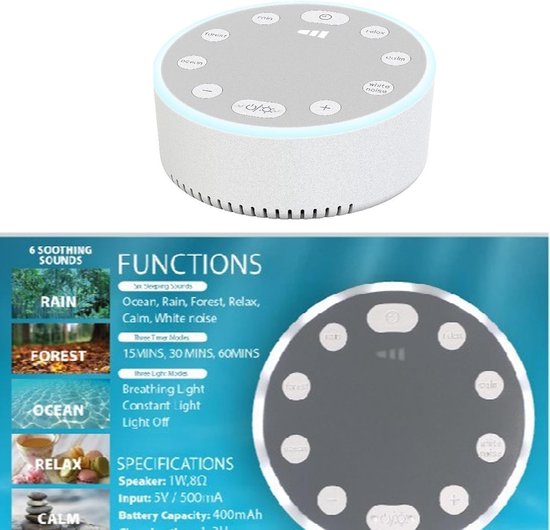 Witte Ruis Machine - Geluidsgenerator Slaap - Reizen Meditatie - Oplaadbare Batterij - 9 cm Diameter - Wit — afbeelding 4