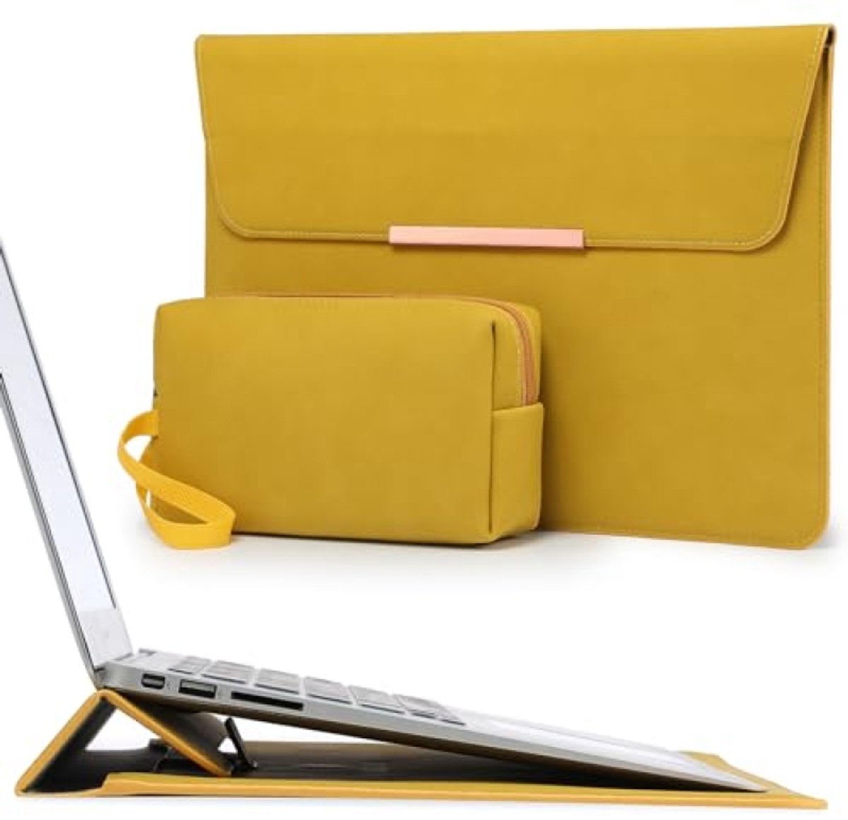 Laptophoes met standaard voor 15 inch laptops - Olijfgeel met vrolijk design