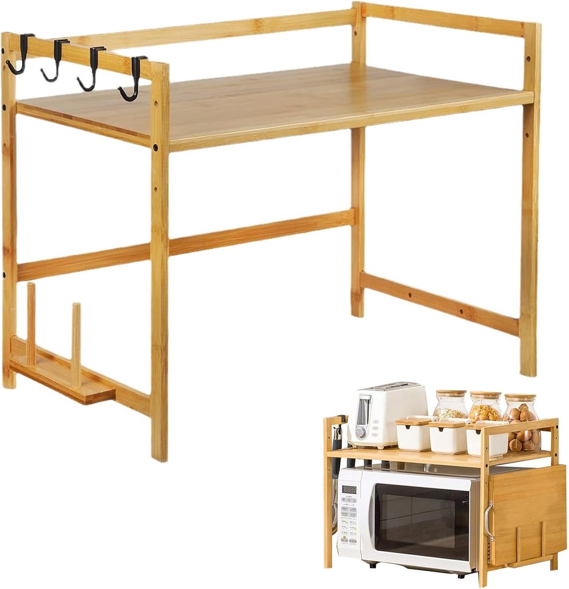 Keuken Opslag Plank - Magnetron Rek - Ruimte Besparen - Verstelbare Plank Haken - 2 Tier Ontwerp - Rustiek Bamboe