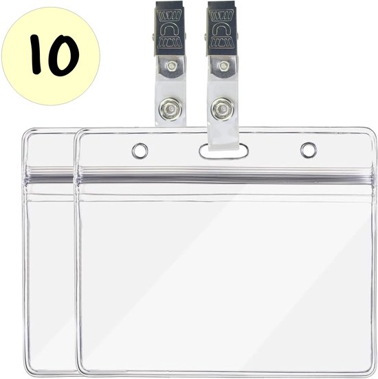 Twee transparante horizontale badgehouders met clips en de tekst "10".