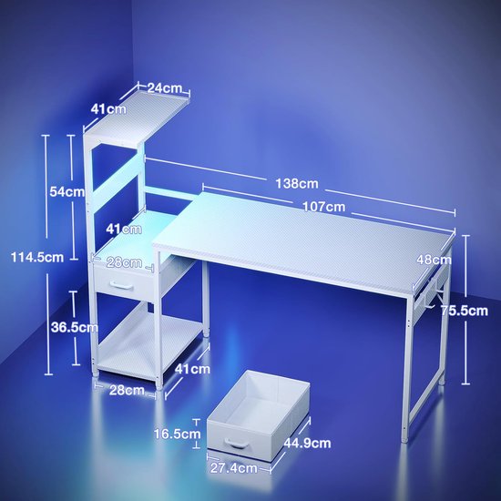 Gaming Bureau - Computer Tafel - Gaming en Werk - Geïntegreerde LED Verlichting - 138x48cm - Wit Carbon — afbeelding 5
