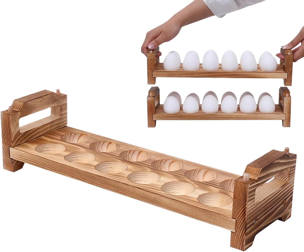 Houten Eierhouder - Eierrek Keuken - Aanrecht Decoratie - Stapelbaar Ontwerp - 36.6x11x9 cm
