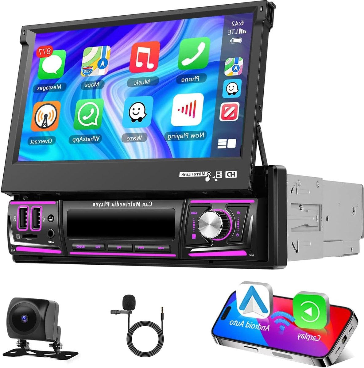 Autoradio 1 DIN – Auto Stereo – Android Radio – Single DIN Speler – Multimedia Radio – Draadloze CarPlay & Android Auto – GPS Navigatie Met Achteruitrijcamera