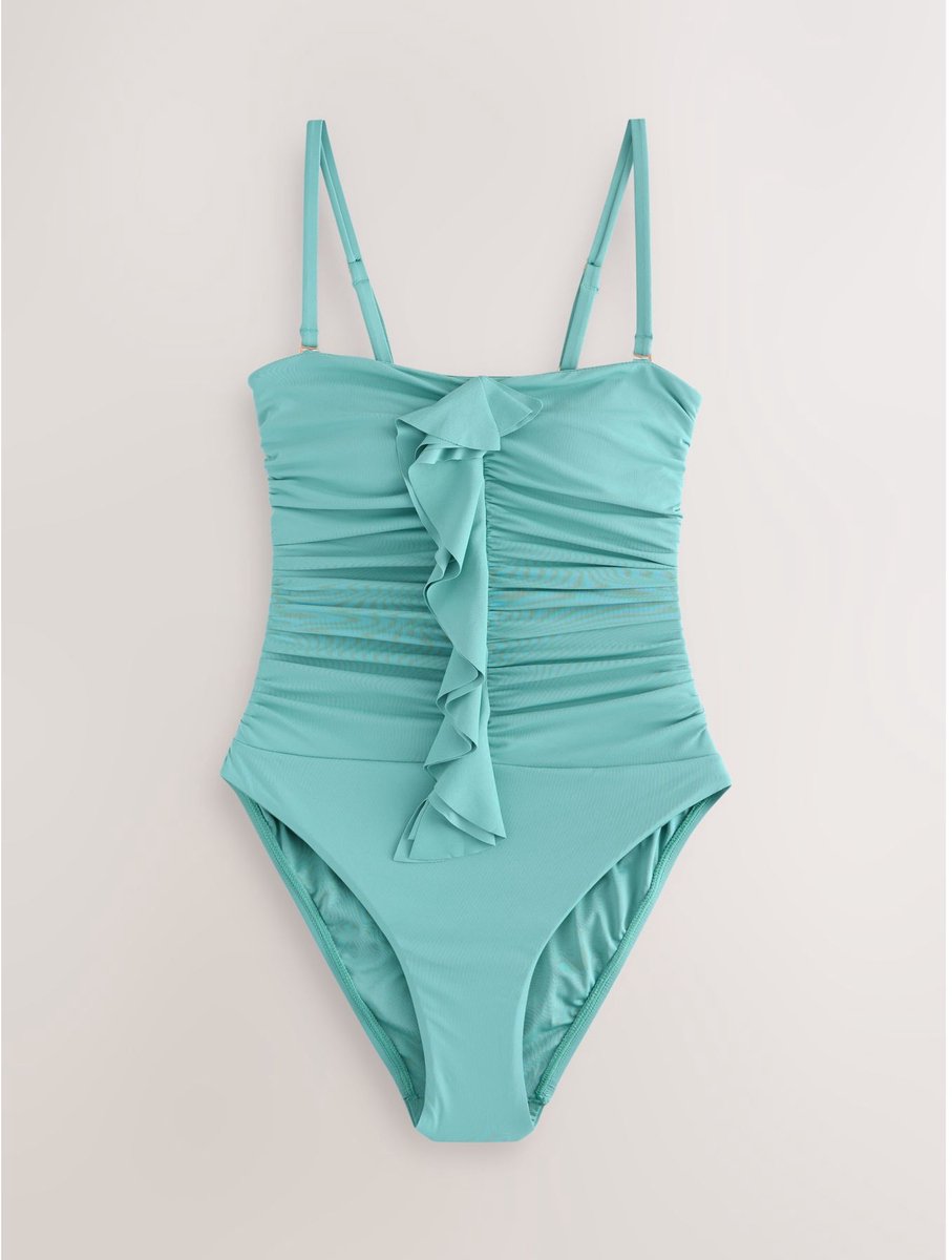 Next Dames - Buikcorrigerend bandeaubadpak met print en franje - Blauw Turquoise Blue