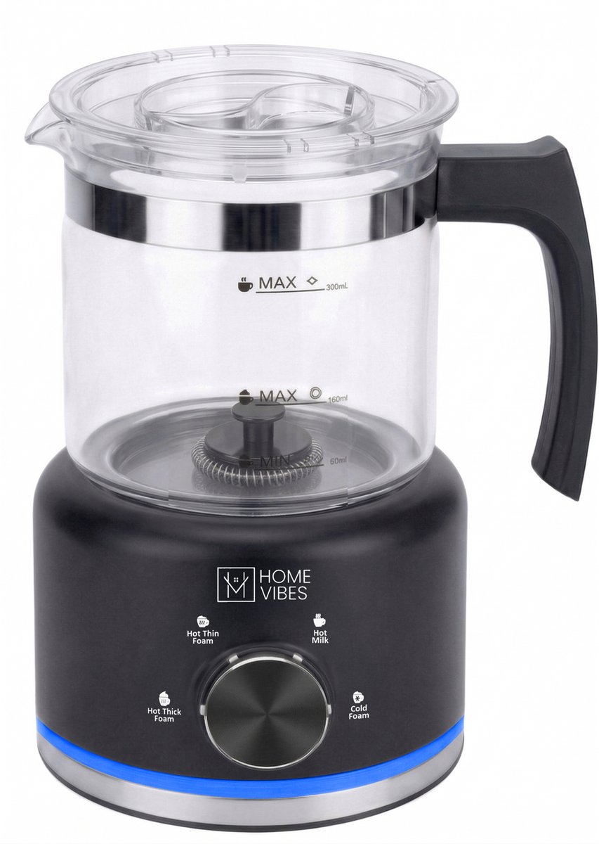 Home Vibes® Glazen Melkopschuimer - PFAS Vrij - Elektrische Melkschuimer - 4 Schuim Functies - Milk Frother - 500ML - 600W - Met Schenktuit - Zwart