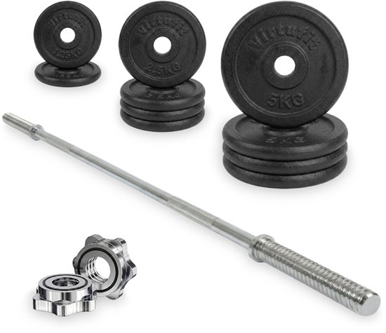 Een VirtuFit halterset met een stang, zwarte schijven van 5kg en 2.5kg, en sluitingen.