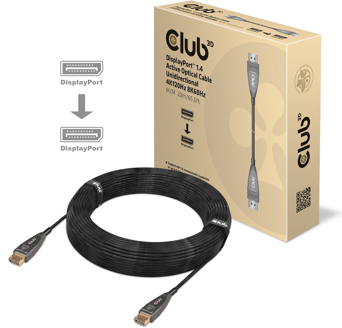 DISPLAYPORT 1.4 ACTIVE OPTICAL CABLE UNIDIRECTIONAL MALE / MALE 20 METERS/65.62FT .8K @60HZ