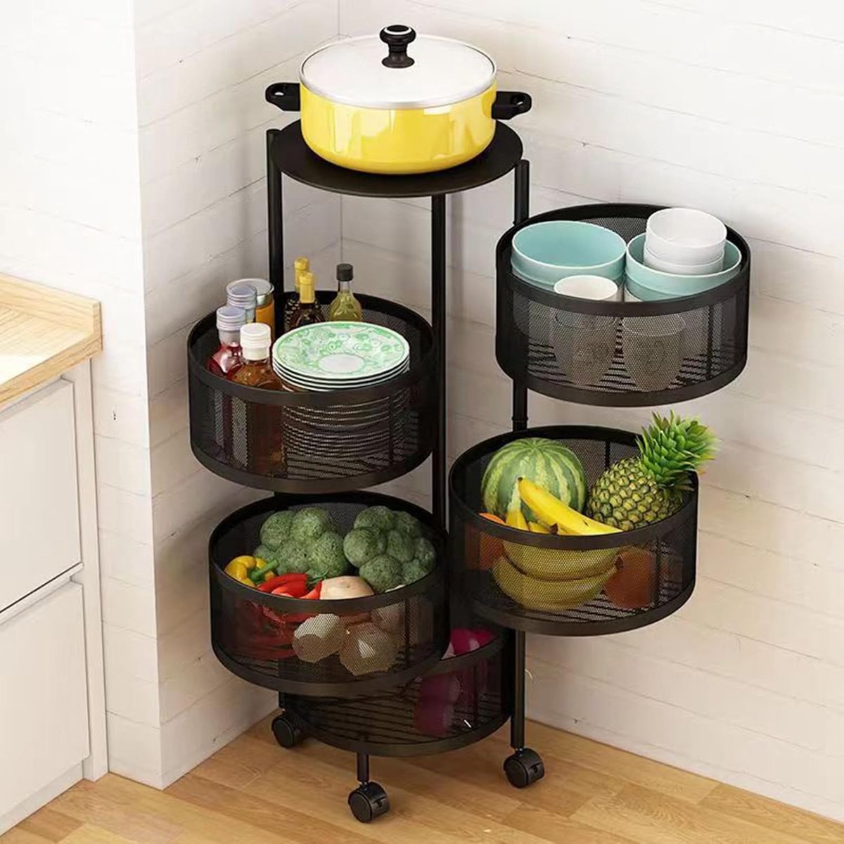 Keuken Opbergrek - Draaiende Kast - Keuken Ordenen - Luchtcirculatie Gaas - 30x30x90cm - Zwart
