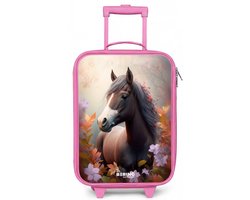 NoBoringSuitcases.com® - Kinderkoffer roze - Kindertrolley meisje - Bruin paard in de herfst - Koffer kind lichtgewicht - Reiskoffer trolley voor kinderen - Koffertje met lichtgevende wieltjes - Rolkoffer
