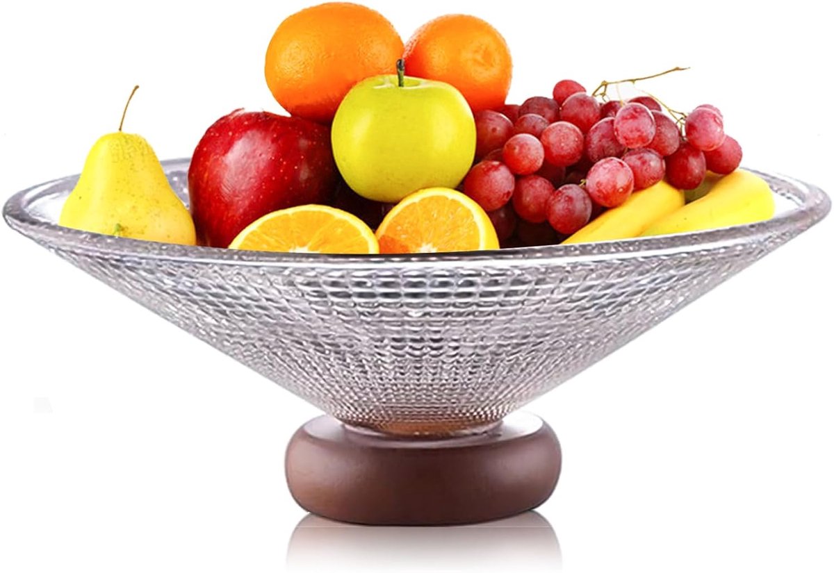 Glazen Kom - Salade Platter - Serveren van snacks - Met houten basis - 25x9 cm - Transparant