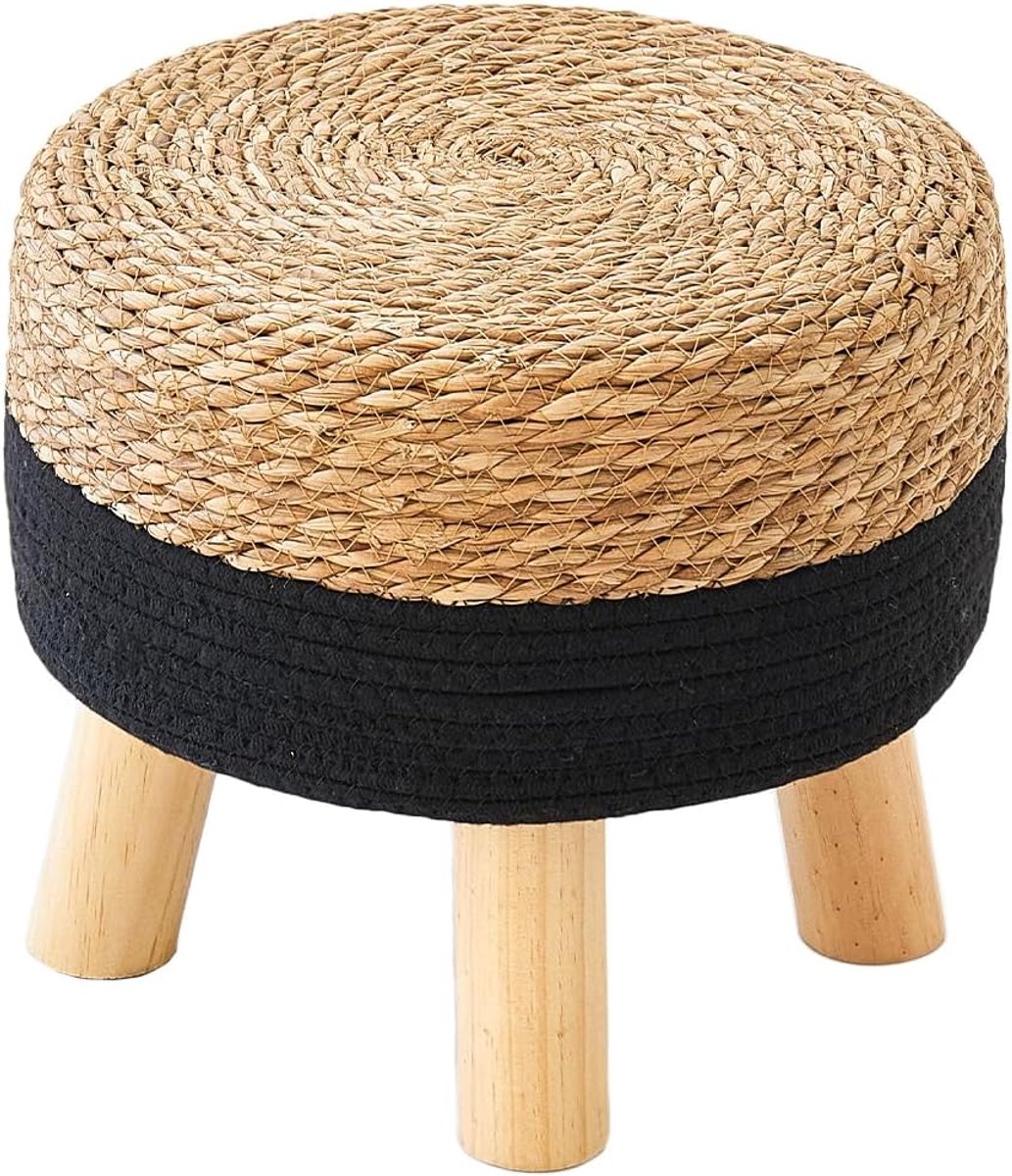 Ronde Poef - Voetenbankje Zitzak - Extra Zitplaats - Handgeweven Natuurlijk Materiaal - 38cm Breed 19cm Hoog - Zwart