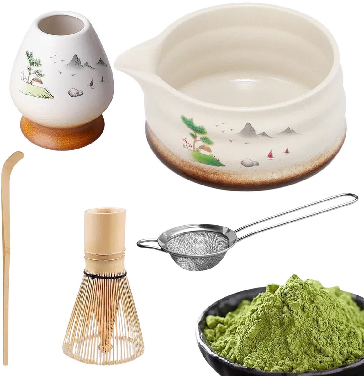 Matcha Set - Zeef - Matcha Klopper - 5-delig - Starterkit - Kom - Bamboeborstel - Keramiek - Theeceremonie Set - Japanse Thee Set - Starterkit - Wit Bruin