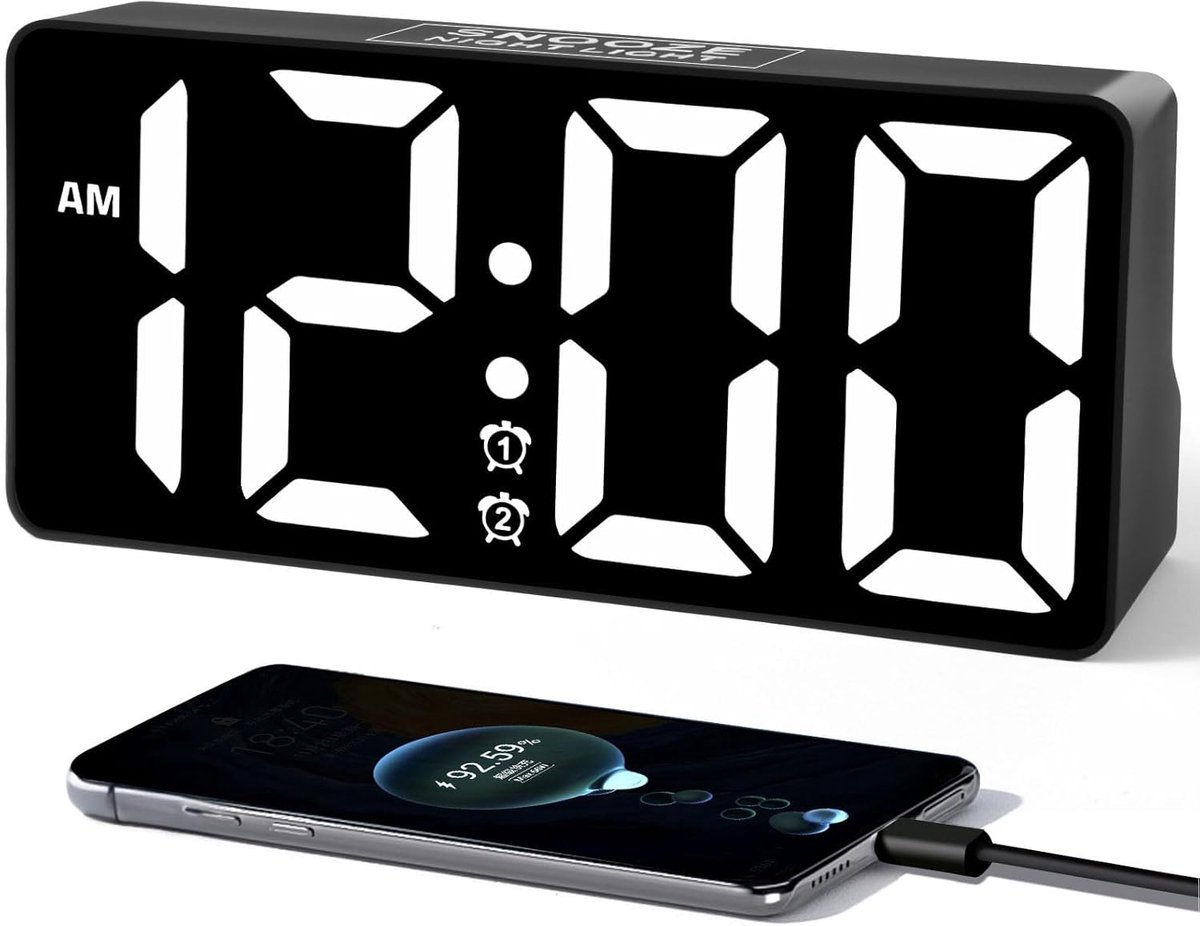 Digitale Wekker - Nachtlamp Klok - Slaapkamer Gebruik - Dubbele Alarmen USB Oplader - 16.9 x 8.6 cm - Wit Zwart