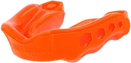 Oranje Shock Doctor Gel Max mondbeschermer, schuin van voren gefotografeerd, met logo en hexagonaal patroon zichtbaar.