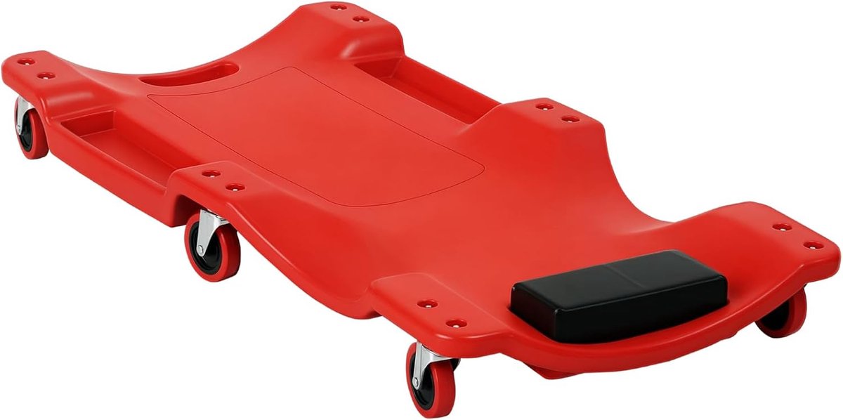 Werkplaatsligbed - Monteurstool - Onder auto werken - 6 beweegbare wielen - 100x48x12 cm - Rood