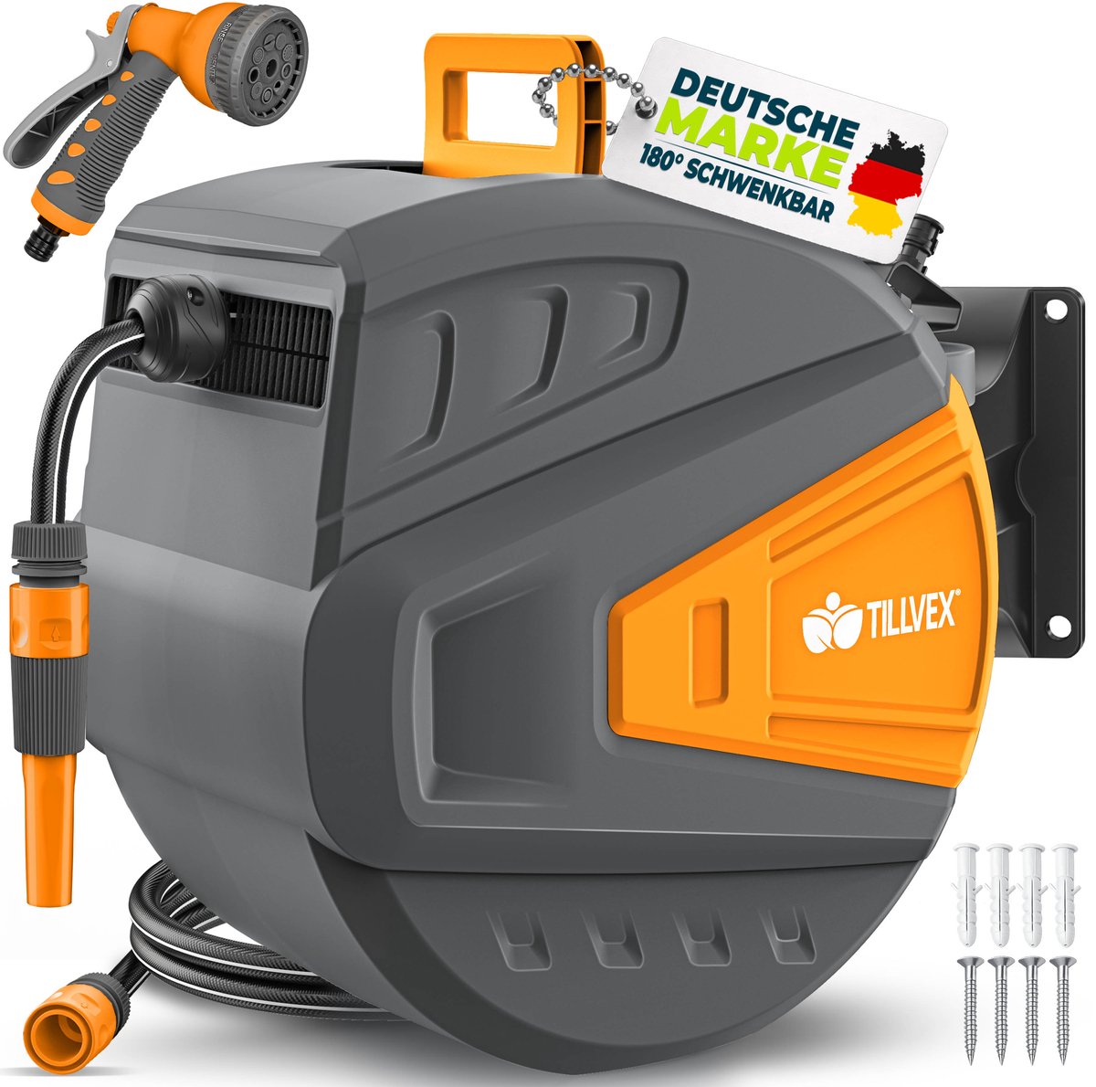 tillvex® Slanghaspel Water Antraciet/Oranje 35m met Wandbevestiging & Transportgreep | Slangoproller met Handdouche en Tuinslang | 180° Zwenkbaar | Wand-Slangbox met Oprol-Automatiek