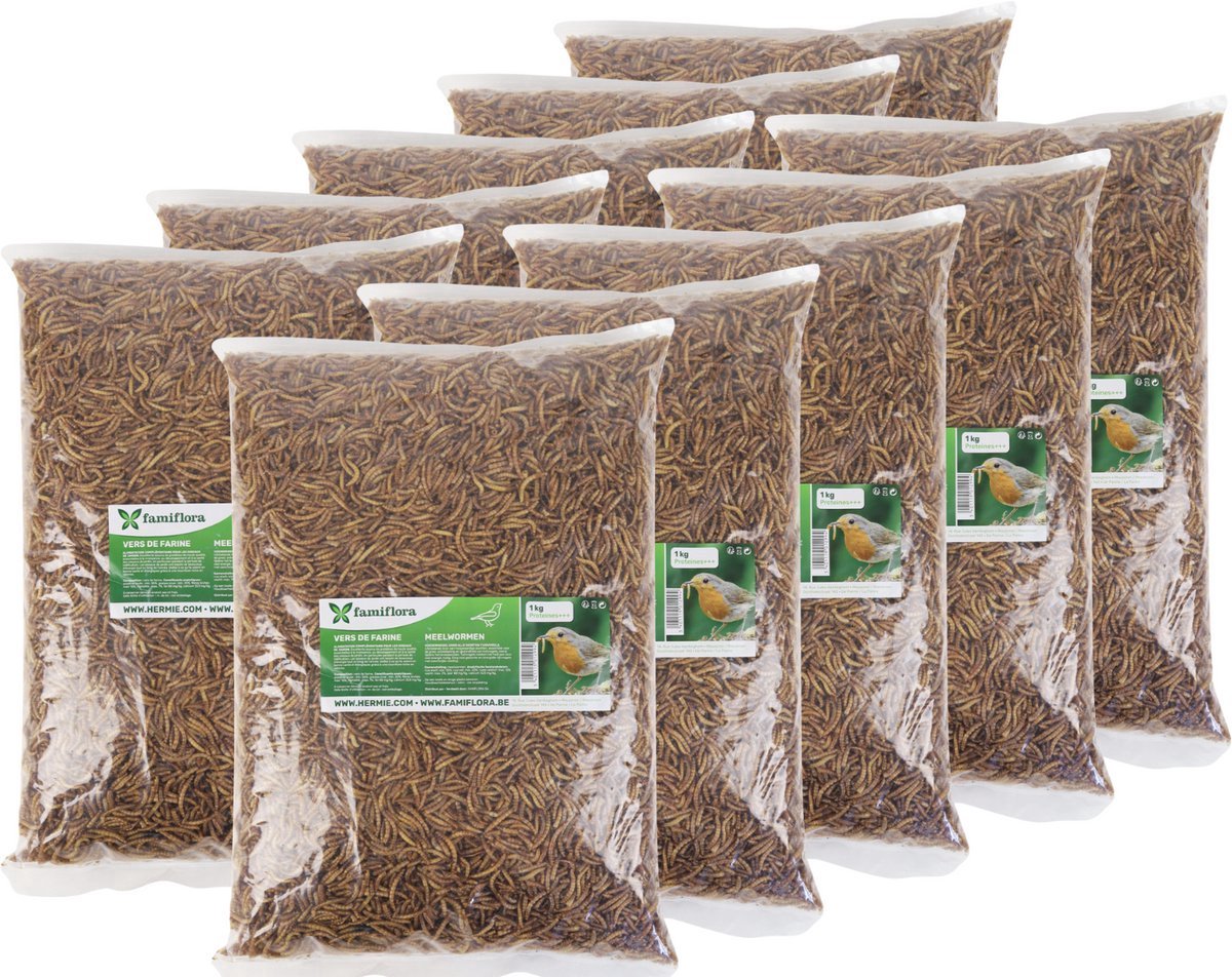 Famiflora meelwormen 10KG - 10x1KG (60L) - Hoogwaardige eiwitten stimuleren gezondheid en vitaliteit van vogels, kippen en vissen - Essentiële vetten leveren energie zodat dieren actief blijven