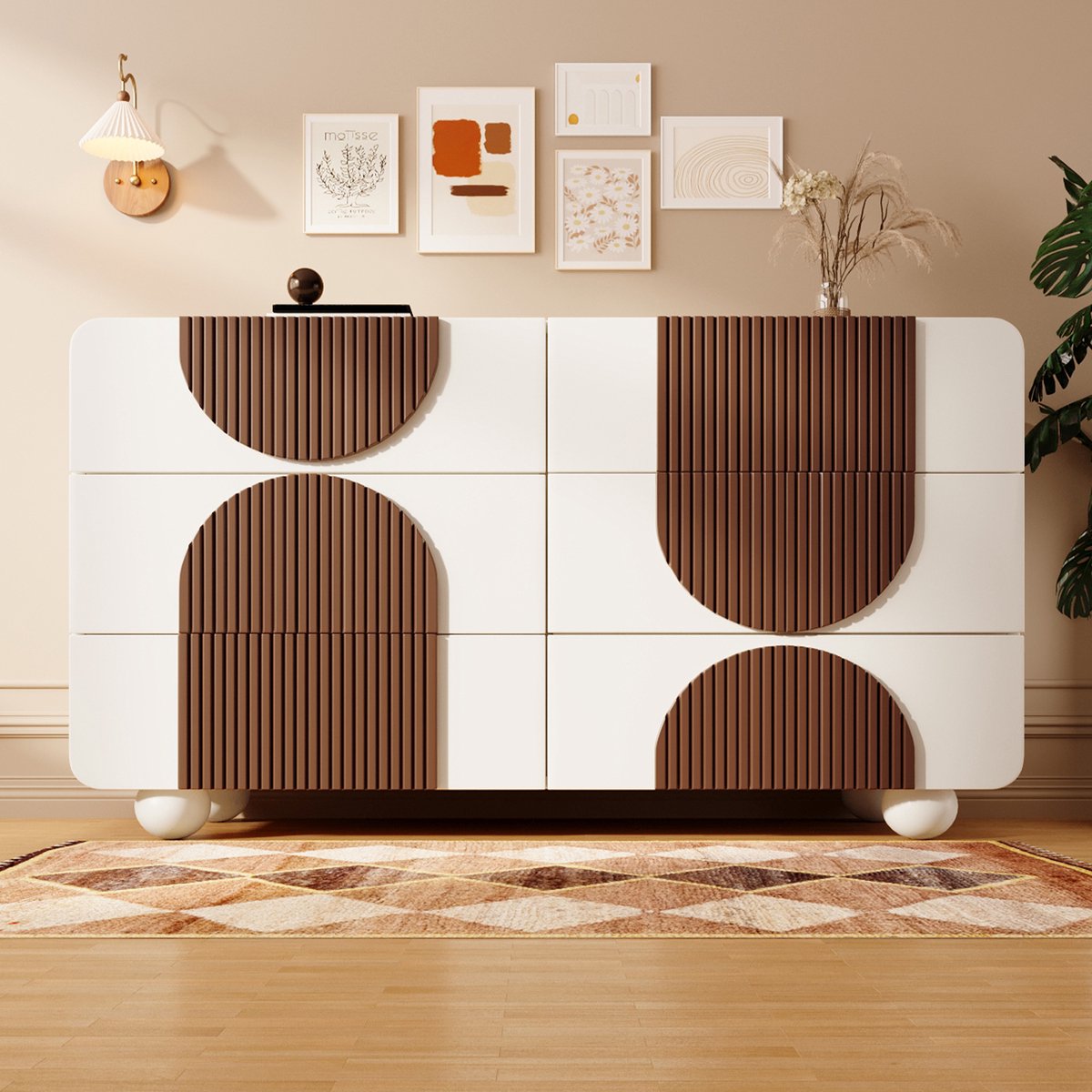 MODENUIT Dressoir - 6 Laden Met Gebogen Ontwerp - Voor Woonkamer, Hal Of Keuken - Hout In Wit - 121x41x71 Cm