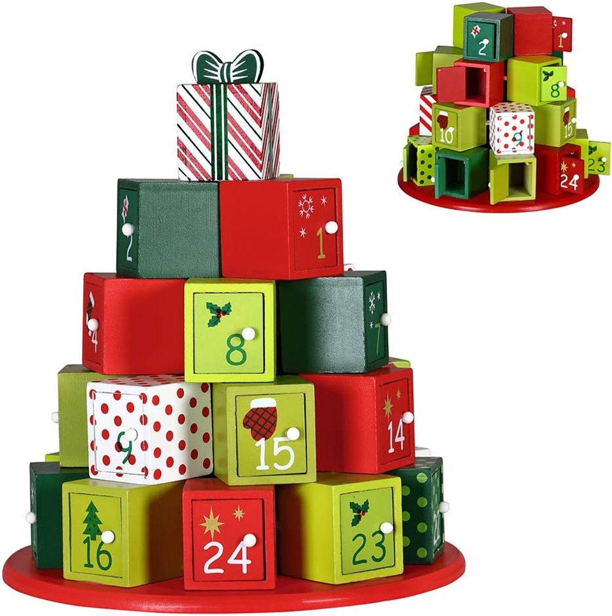 Houten Adventskalender - Kerst Kalender - Wachten op Kerstmis - 24 Genummerde Laden - 30 x 27 cm - Multicolor