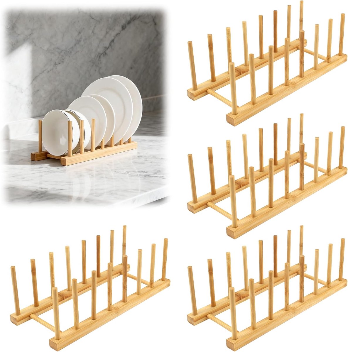 Bamboe Afdruiprek - Keuken Organizer - Borden Drogen - Set Van Vier - 66D x 175B cm - Bruin