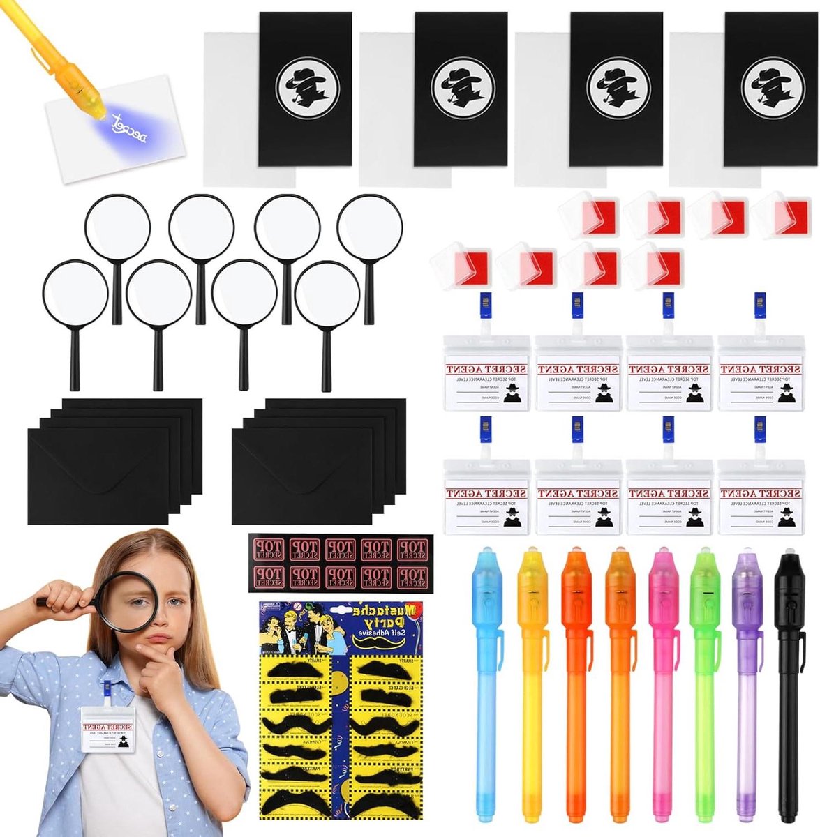 Detective set voor kinderen met UV-pen, notitieboek, vergrootglas en stempels