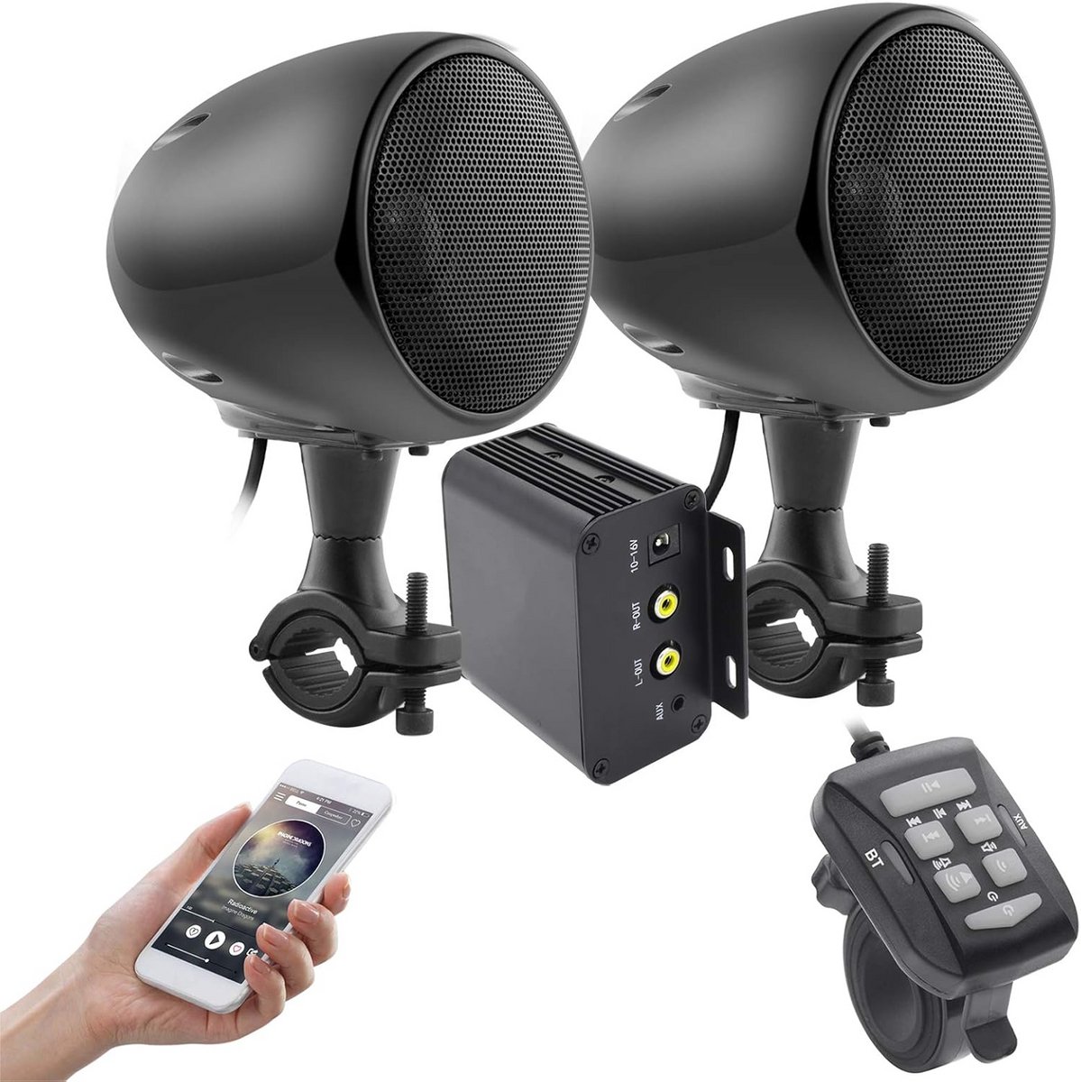 Waterdichte Motorfiets Audio Set met Bluetooth, FM Radio en AUX - Stereo Speakers voor ATV, UTV en Stuurbevestiging