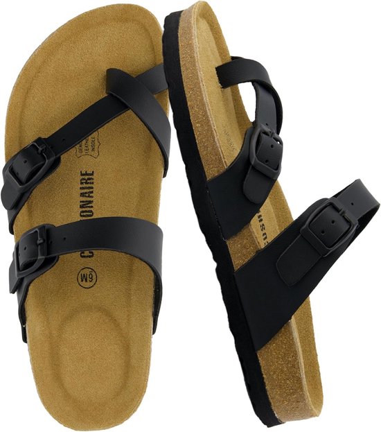 FITORY Dames pantoffels met kurk-voetbed leer comfortabel antislip sandalen vrouwen zomer teenslippers slippers huisschoenen verstelbare riemen maat 37-43, matzwart, 42 EU