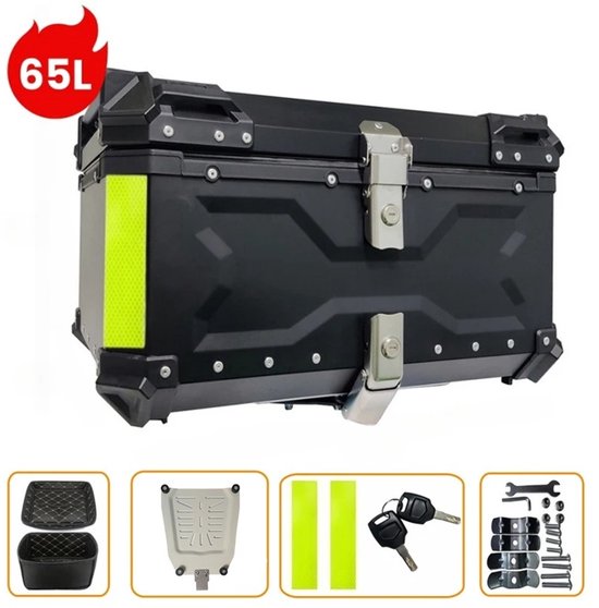 NaevaMi Topkoffer - Motor - 65L - Aluminium - Motorfiets Kofferbak Helm – Motor Bagagebak - Motor Topkoffer - Motor Transport - Waterdichte Bagagekoffer met Snelsluiting en Schokabsorptie – Rugkussen voor extra zitcomfort - 44 × 58 × 35 cm - Zwart