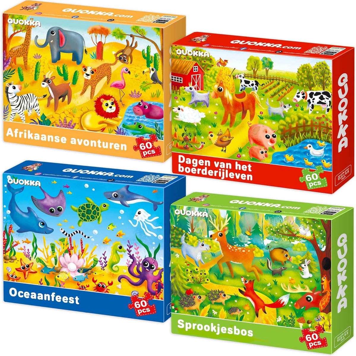 Kinderspellen Puzzelset 4x60 Stukken met Wilde Dieren en Zeedieren voor 4-6 Jaar
