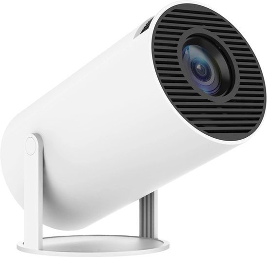 Een witte, cilindrische beamer met standaard, op een witte achtergrond.