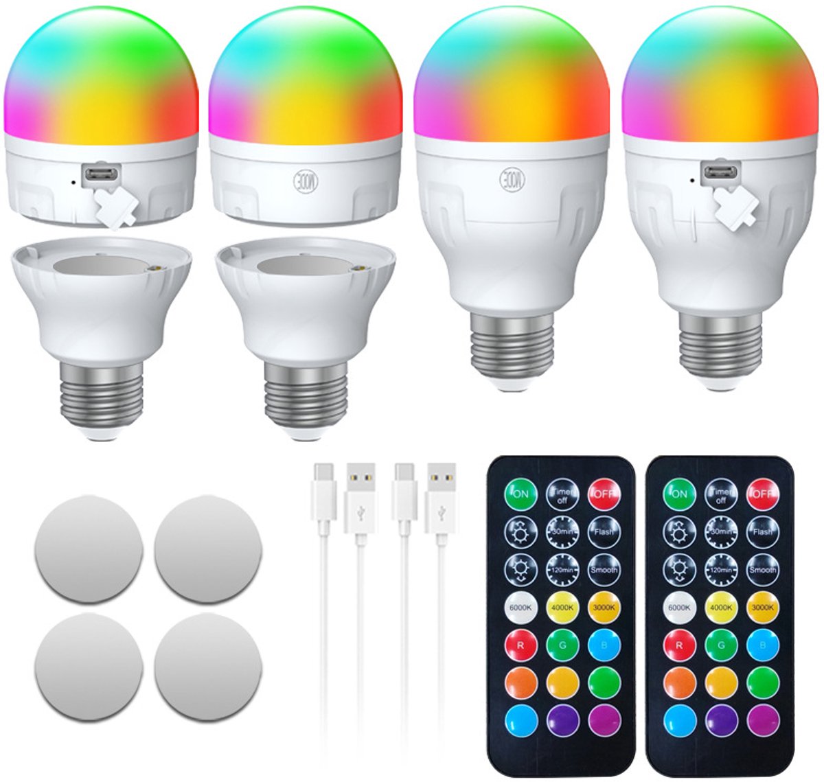 Oplaadbare Dimbare LED Gloeilamp met Afstandsbediening E26 USB-C-RGB-AC 4-pack set