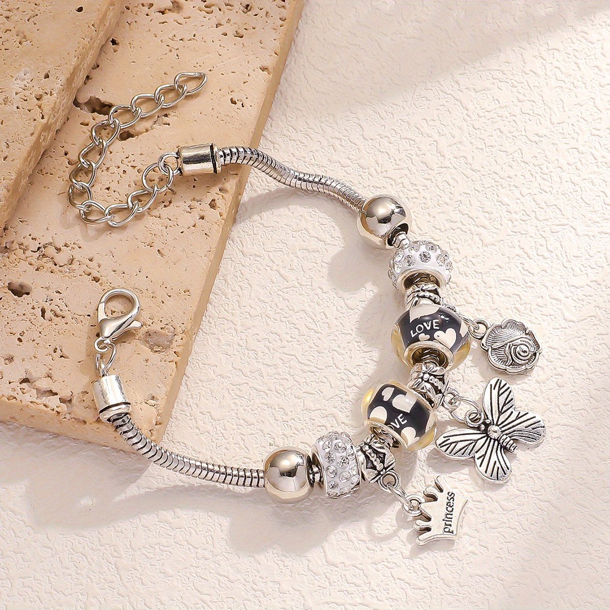 Sjika - Bedelarmband Dames Zilver plated – Armband met Bedels & Kristal Kralen – Pandora Style Charm Bracelet – Verstelbaar — cadeau in Sieraden - foto 2