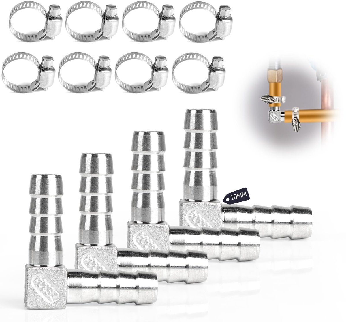Allecto - 10mm L-vormige slangverbinder - 90 graden mannelijke schroefverbinding - met 8 slangklemmen - voor brandstof en water - slangadapter voor...