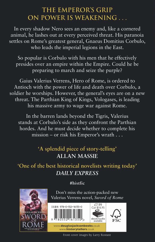 Achterkant boek 'Avenger of Rome' van Douglas Jackson. Bevat plotinformatie, recensies, ISBN, en een kleine afbeelding van de voorkant.