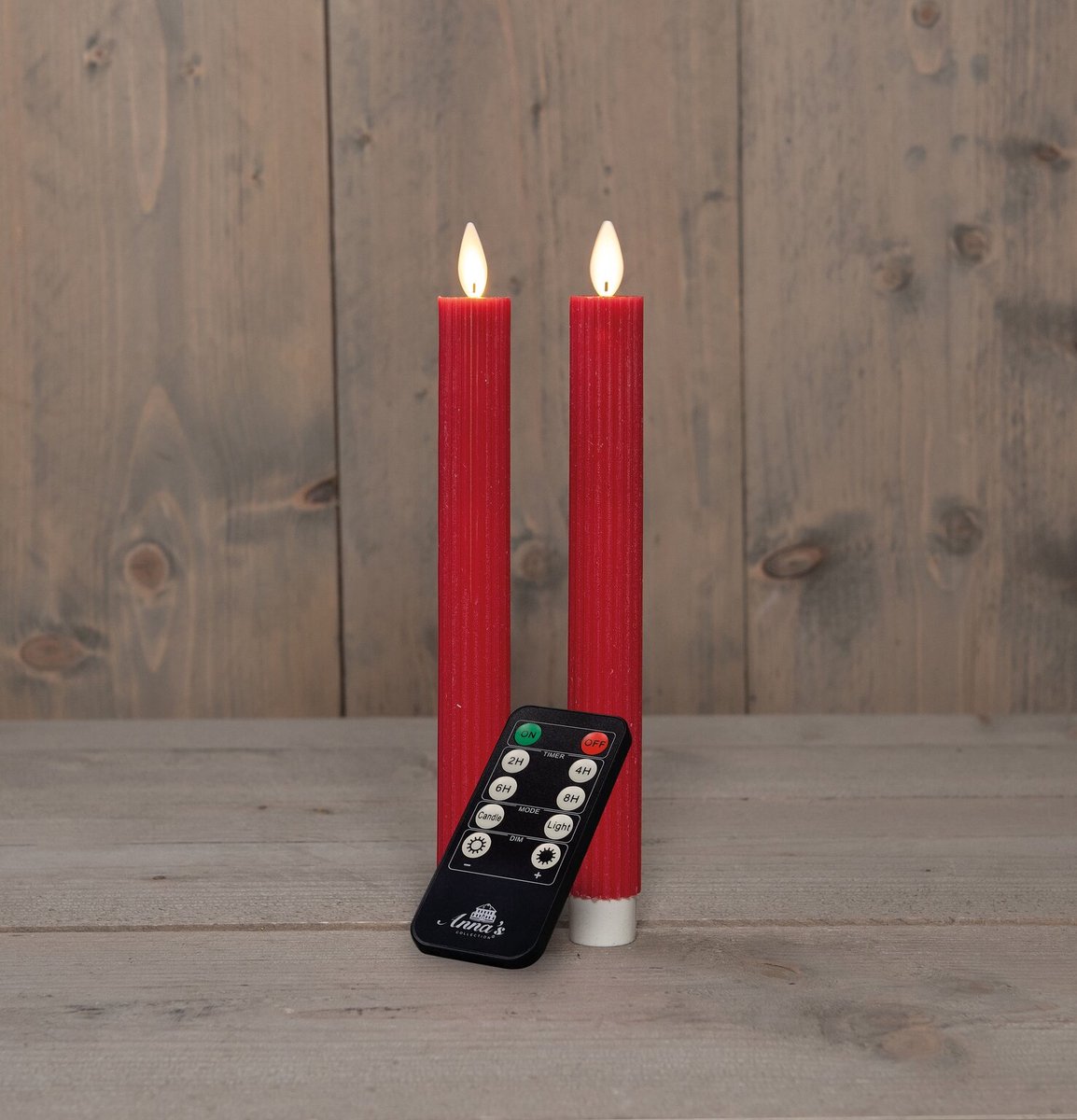 Anna's Collection LED dinerkaars flame effect ribbel 23 cm rood 2 stuks