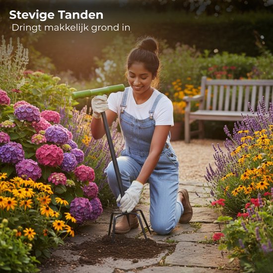Lomera Tuinklauw - Grond Losmaken - Grond Beluchten - Onkruid Wieden - Onkruid Verwijderen - Tuingereedschap Tuinklauw - Tuinklauw Met Steel - Tuinklauw Lange Steel - Tuinklauw T Handvat - 4 Tands Tuinklauw — afbeelding 4