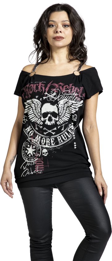 Zwart off-shoulder T-shirt met 'Rock Rebel' print, vleugels en doodshoofd. Gedragen door model.