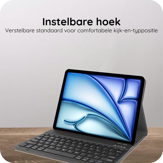 Zwart tablet hoes met QWERTY toetsenbord, instelbare hoek.