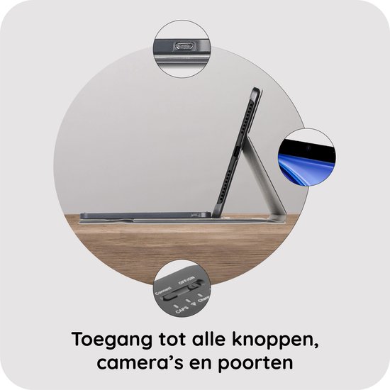Tablet case met toetsenbord, met zichtbare poorten en camera's.
