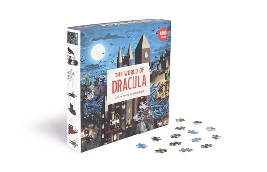Doos van 'The World of Dracula' puzzel met 1000 stukjes, afbeelding van een kasteel en vampiers.