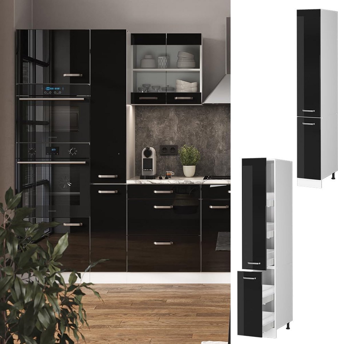 Hoge Apothekerskast Keukenmodule Zwart Hoogglans/Wit 30 cm Breed