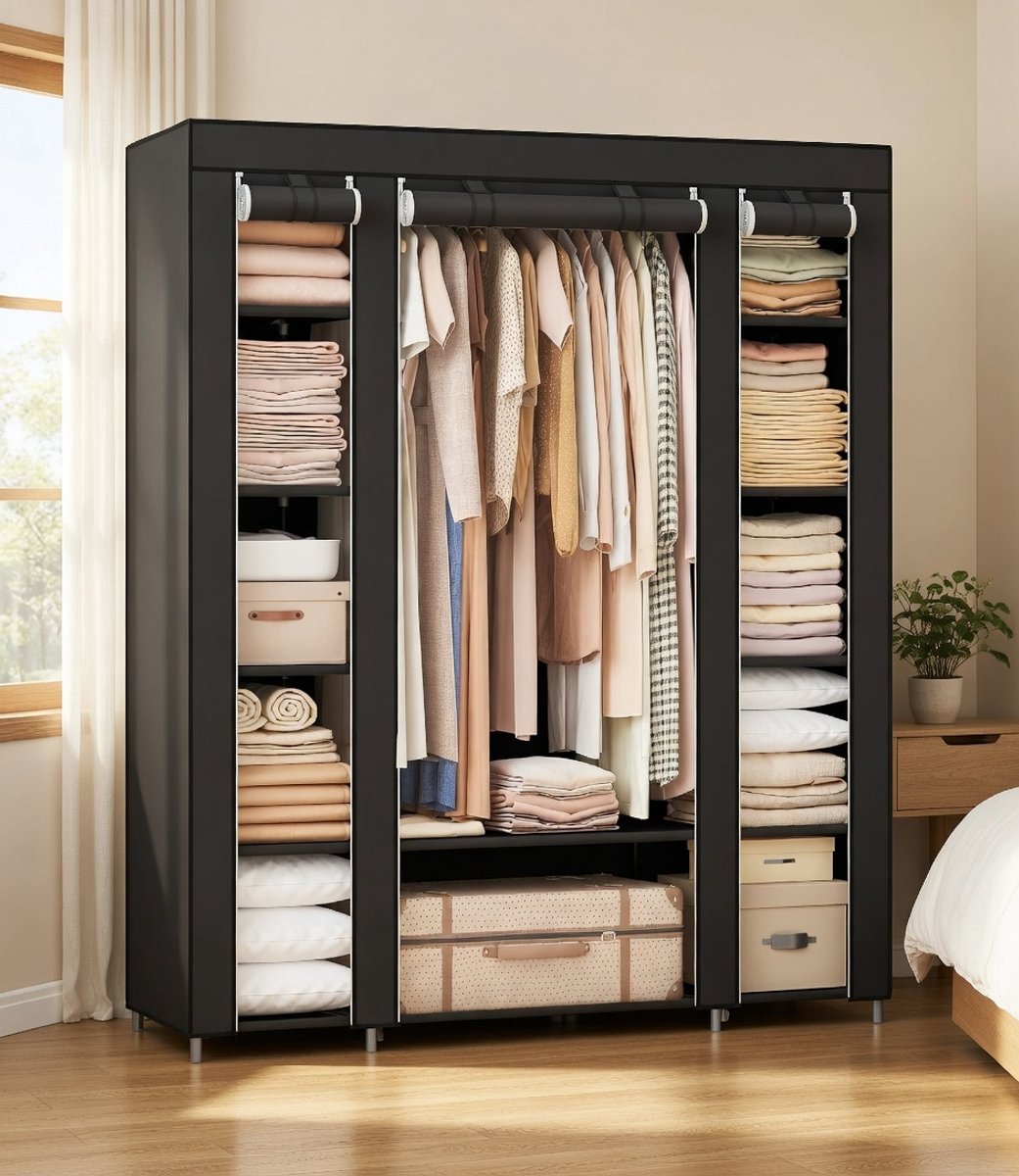 Premium Opvouwbare Kledingkast 180x150x45 cm – Sterke Stoffen Garderobekast met 12 Planken & Hangstang – Opbergkast voor Kleding, Beddengoed & Speelgoed – Zwart | Novihome