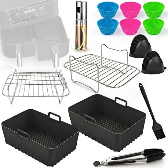 Somstyle 19-delige Accessoires Set voor Ninja Foodi AF300EU & AF400EU Dual Airfryer 7,6-9,5L – Siliconen Bakvormen & RVS Grillroosters