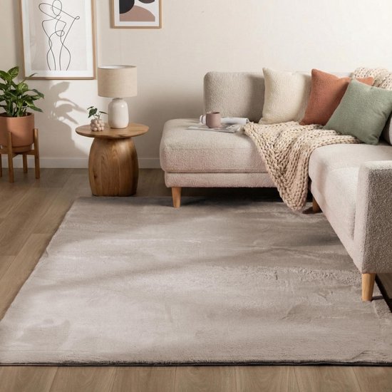 Flycarpets Amalfi vloerkleed Beige - Laagpolig wasbaar Fluffy en Zacht - Woonkamer tapijt - 160x230 cm