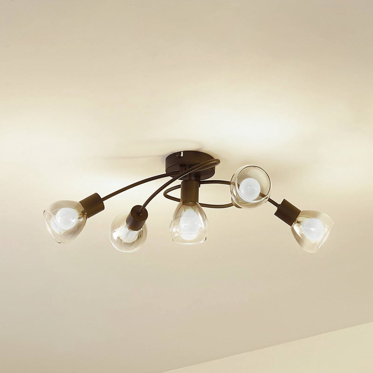 Lindby - plafondlamp - 5lichts - Glas, ijzer - H: 18 cm - E14 - rookgrijs, mat zwart