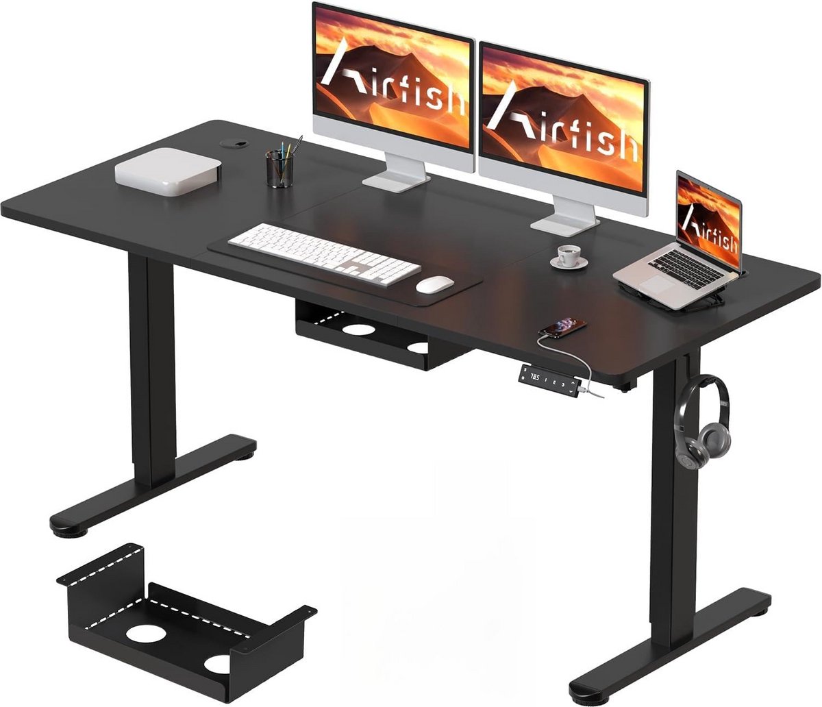 Airfish Elektrisch in hoogte verstelbaar bureau, 140 x 80 cm, met type C-oplaadpoort, elektrisch bureau met kabelmanagement en 3 geheugenhoogtes (zwart, 140 x 80 cm)
