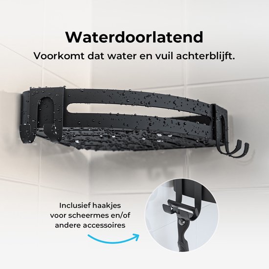 Zwart hoekdouche rek met waterdoorlatend ontwerp en haakjes voor scheermesjes.