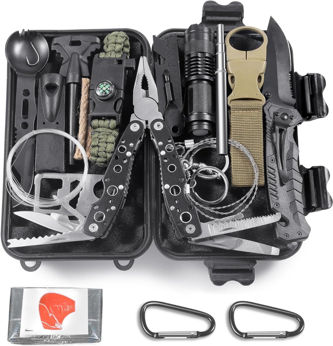 Aura® Overlevingspakket – Survival Kit – Noodpakket Rampenrugzak - Overlevingspakket bij Rampen – Survival Spullen – Noodpakket Oorlog – Overlevingspakket Noodpakket – Camping Kit – 14-in-1 Outdoor Kit - Zwart - 23cm x 23cm x 7cm